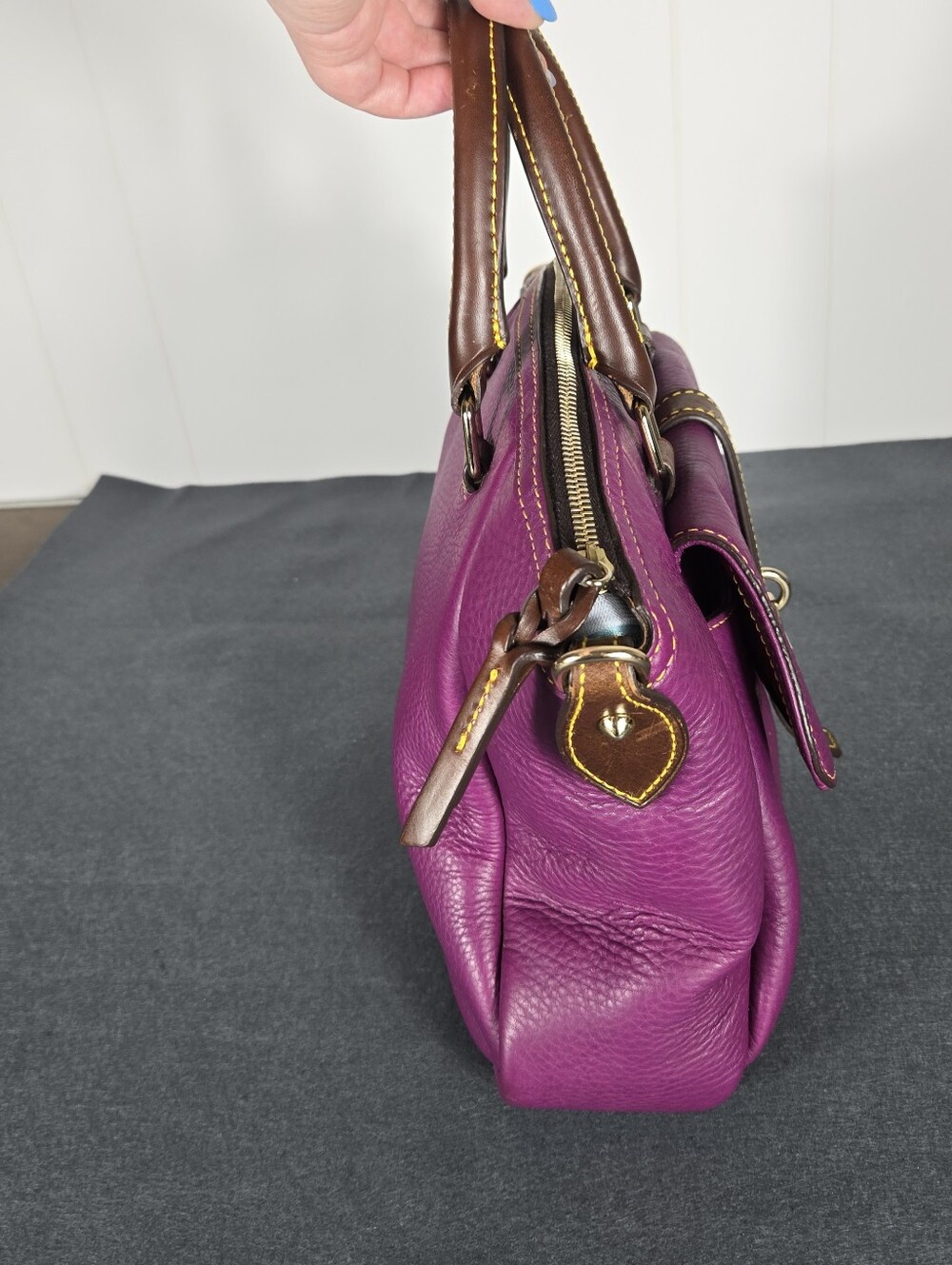 Dooney & Bourke Samba Magenta Pebble Leather Satchel with Brown Trim - Picture 5 of 15